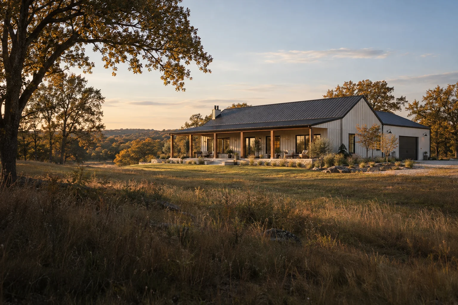 Architectural concept of a barndominium on wooded acreage